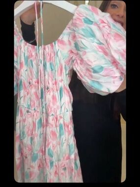 Women's Floral Maxi Dress with Puff Sleeves in Pink & Aqua (rosewater pastel)
